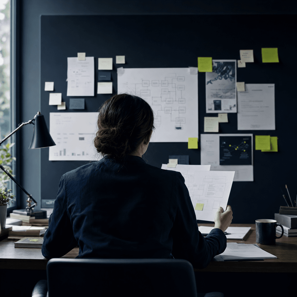 An operations professional reviewing a workflow at a desk
